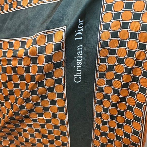 Vintage Christian Dior Gold Green Geometric Print 100% Silk Square Scarf Classic - Picture 3 of 6